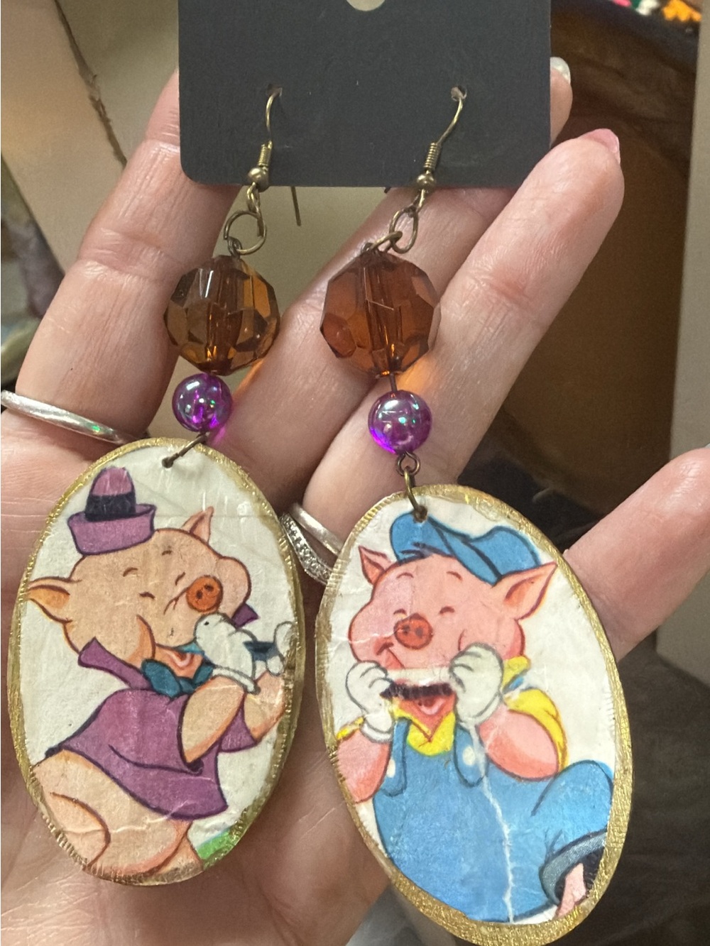 Whimsical Three Little Pigs Dangle Earrings in Brown, Purple, Pink